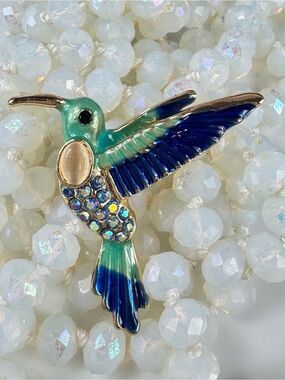Enamel Hummingbird Brooch Pin in Teal and Blue